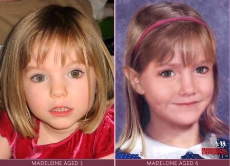 À esquerda uma fotografia de Madeleine McCann com quatro anos, altura em que desapareceu, e à direita o retrato-robô que mostra como estará agora, com seis anos