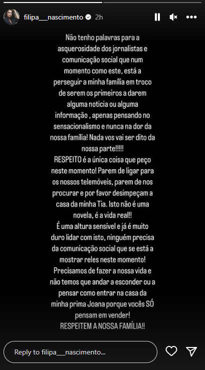 Filipa Nascimento pede respeito pela família
