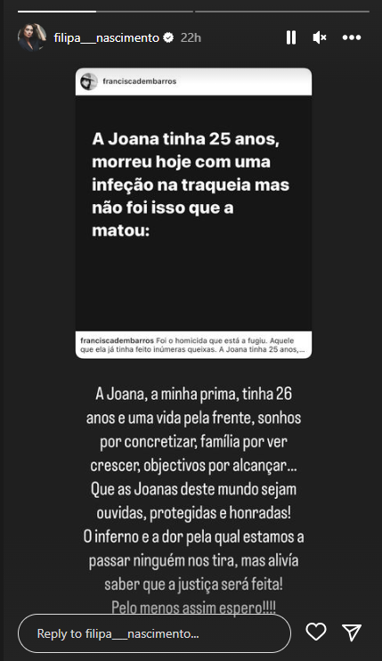 Filipa Nascimento chora a morte de prima vítima de violência doméstica
