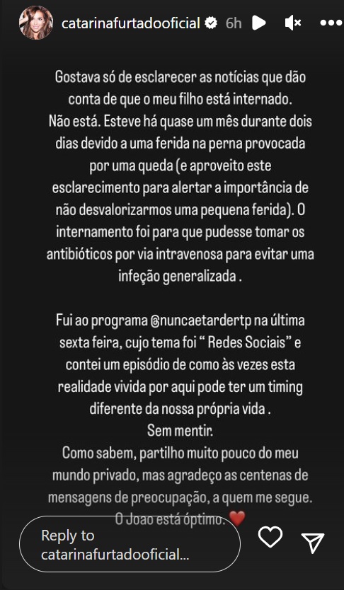 Catarina Furtado esclarece internamento do filho