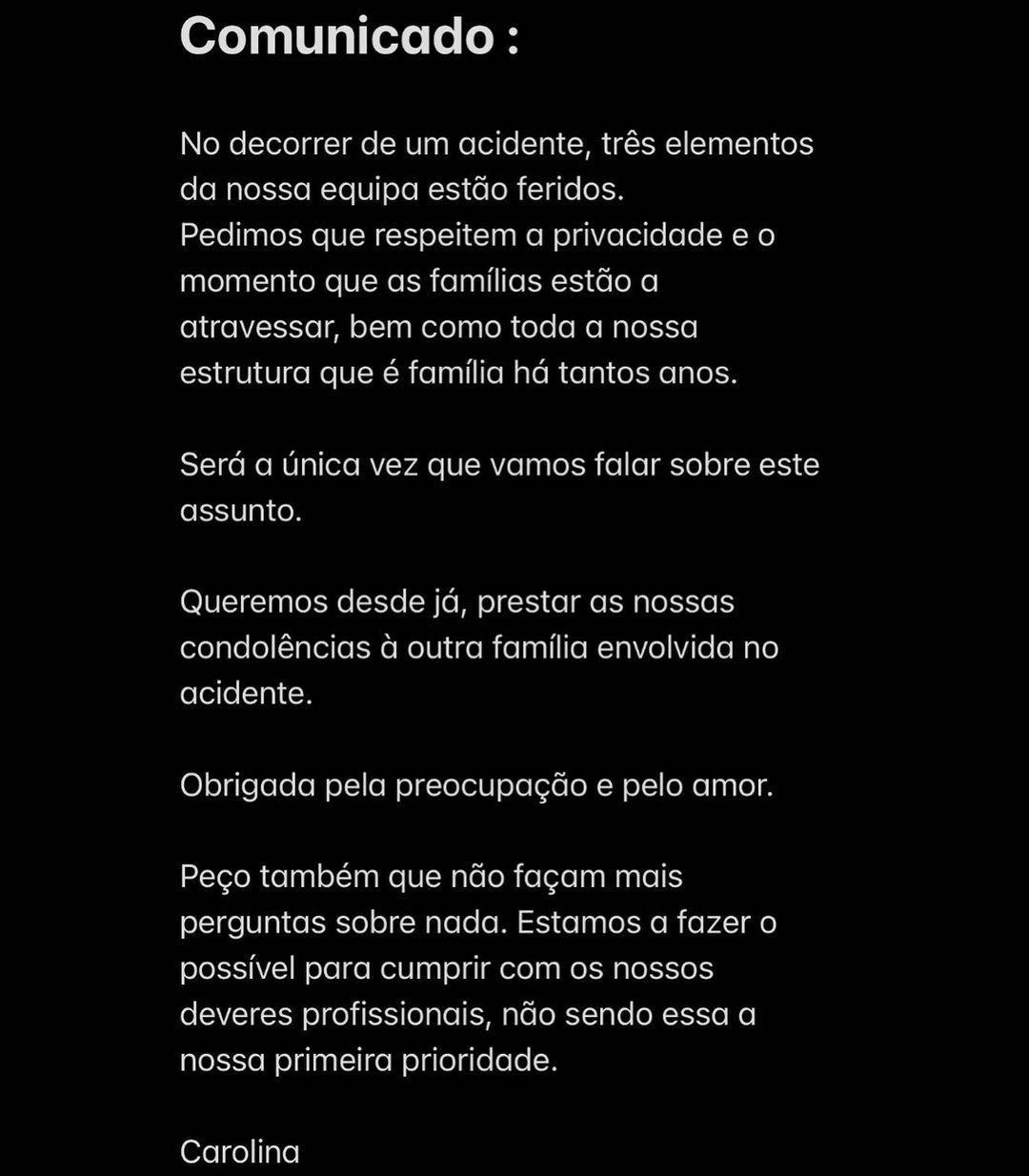 Equipa de Carolina Deslandes envolvida em acidente de viação fatal