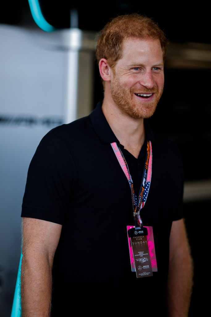 Sem Meghan, Harry diverte-se na F1
